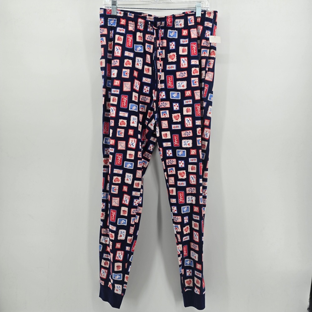 Holiday Lane Womens Jogger Pajama Pants Navy Blue Love Stamp Print Cotton M